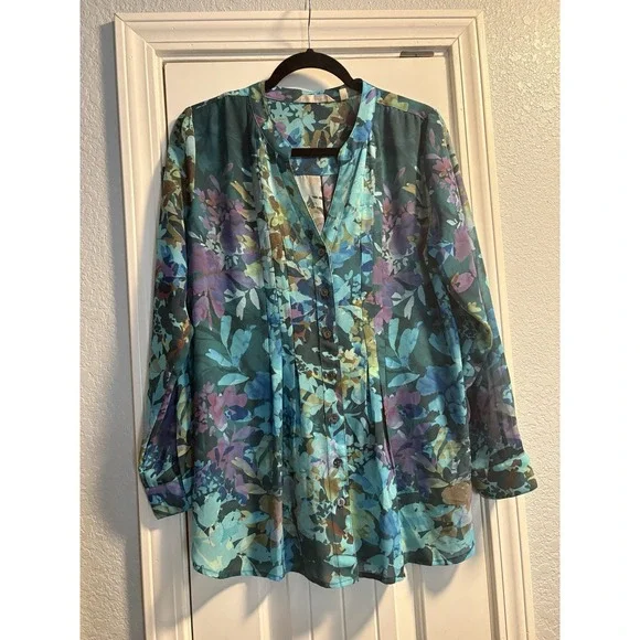 Soft Surroundings Floral Blouse Womens Medium Teal Boho Button Front Tunic Top - Picture 1 of 6